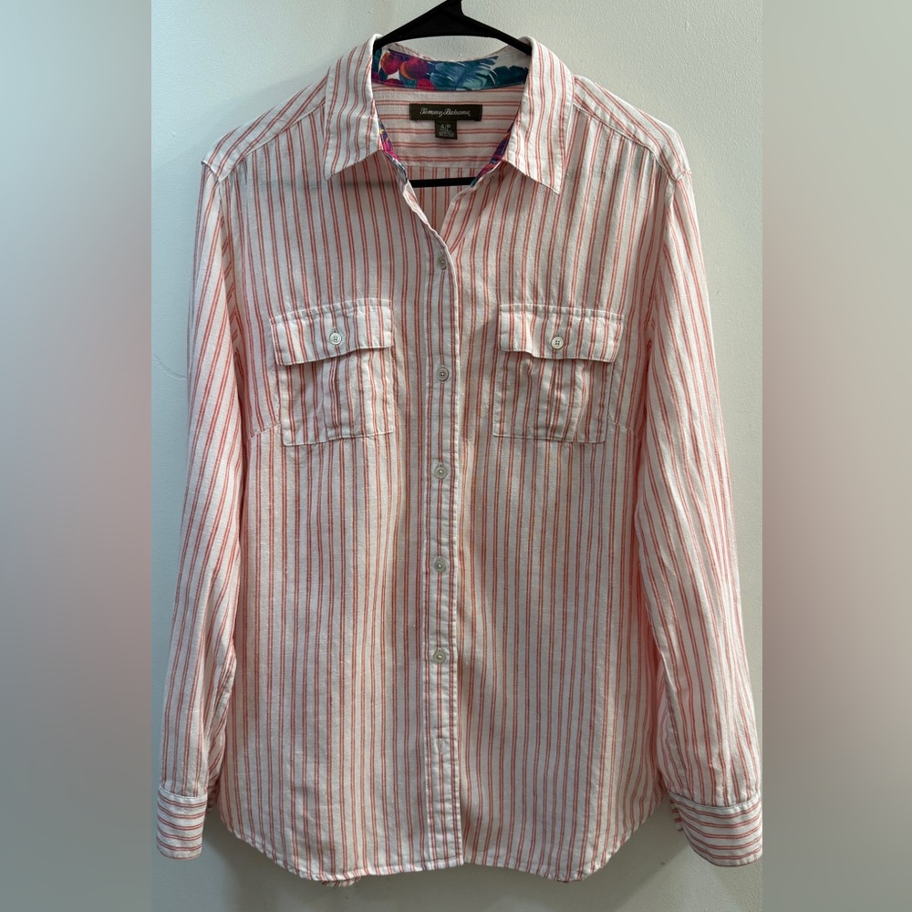 Tommy Bahama Pink Striped 100% Linen Button Down Shirt Small Petite SP - Picture 2 of 11